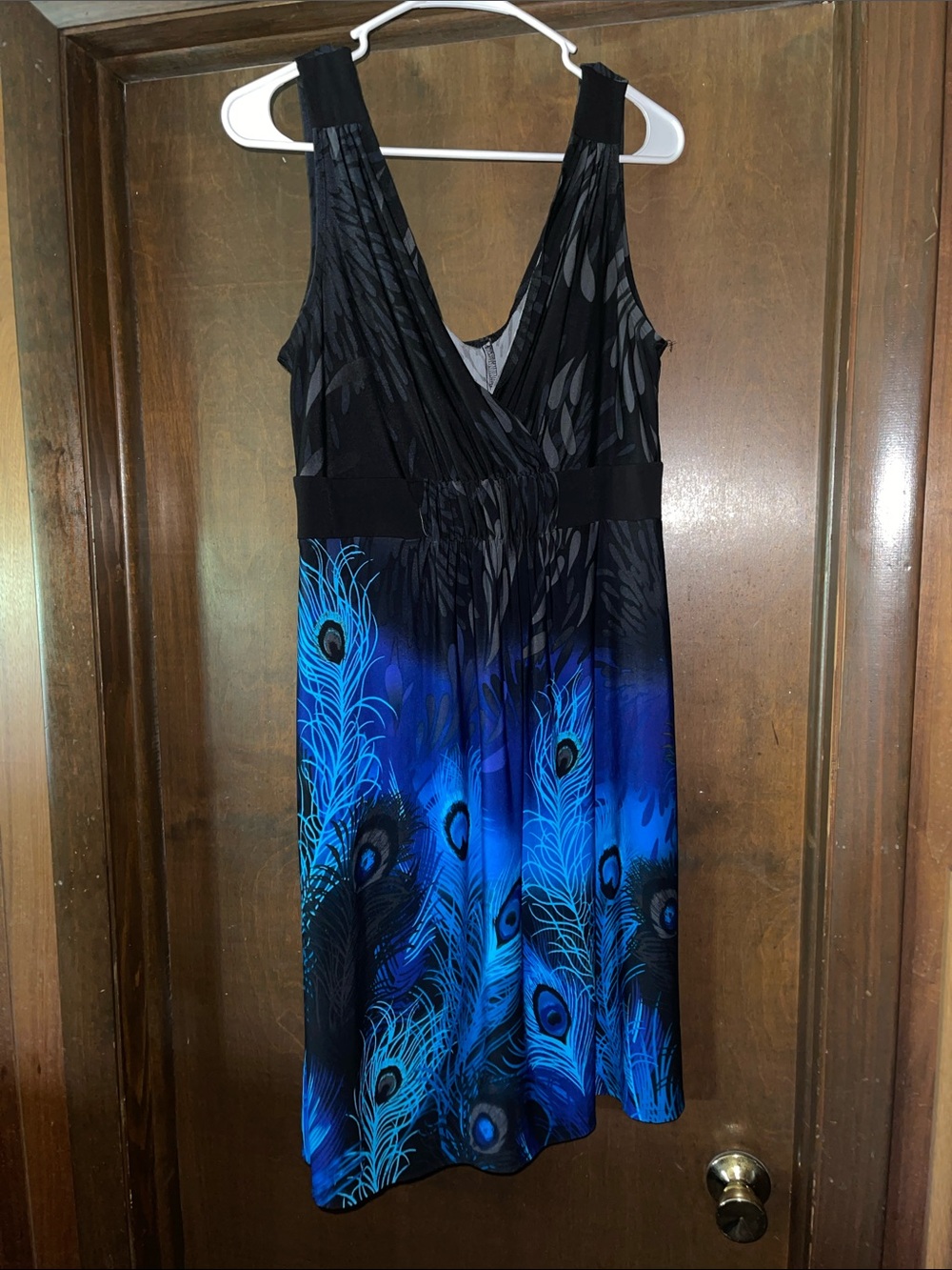 connected apparel Black and Blue Peacock-Print Sleeveless Midi Dress